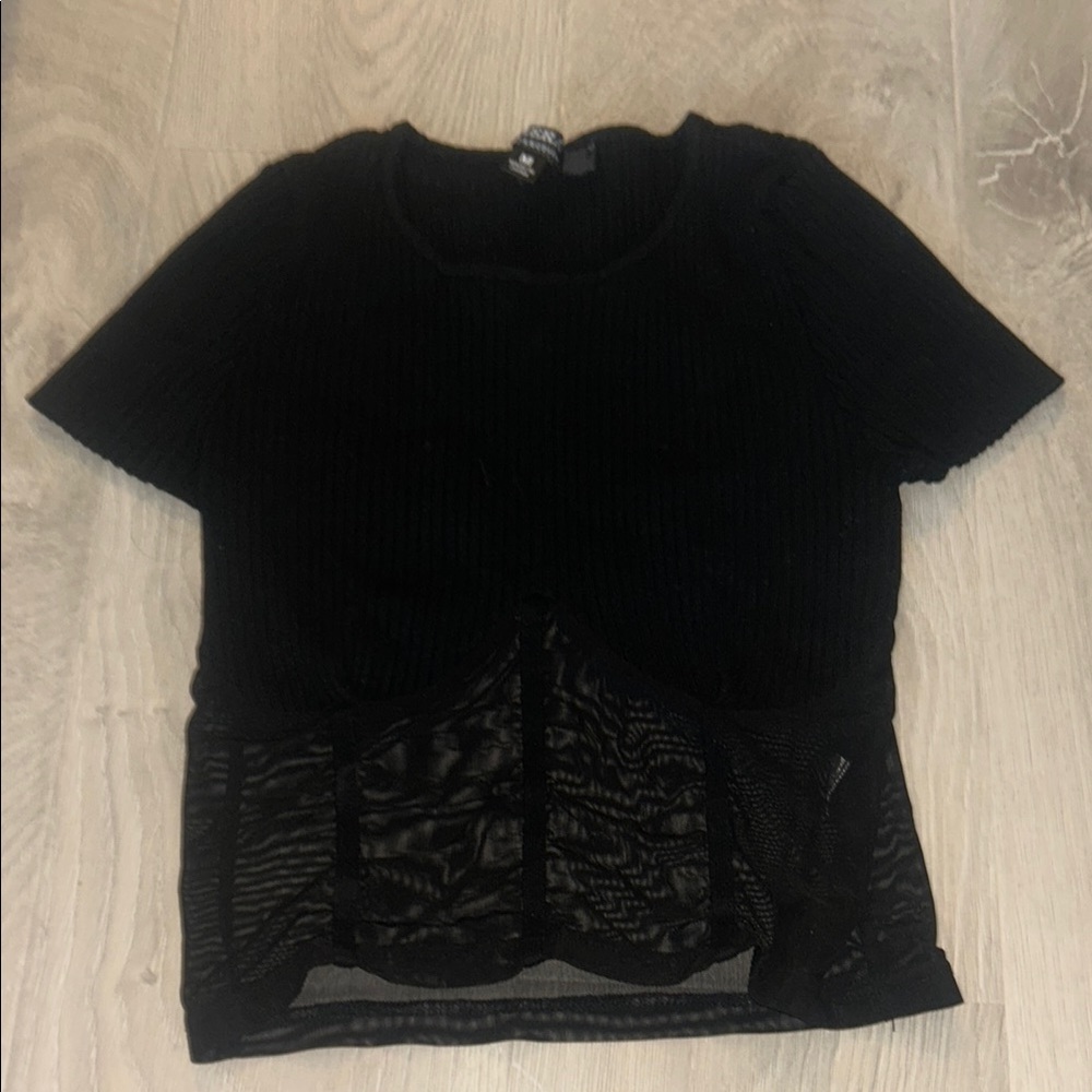 Black Ribbed Mesh Crop Top - Picture 2 of 3